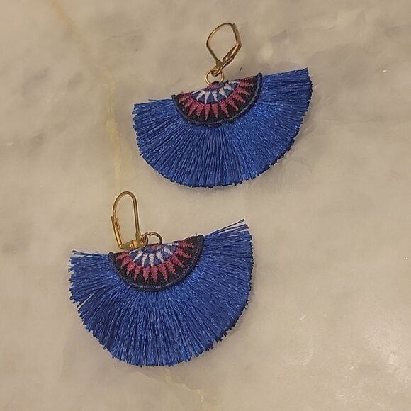 NWT Shashi Sophie Blue Earrings Fringe Woven Boho Embroidered Fan Tassel Gold - Picture 2 of 4